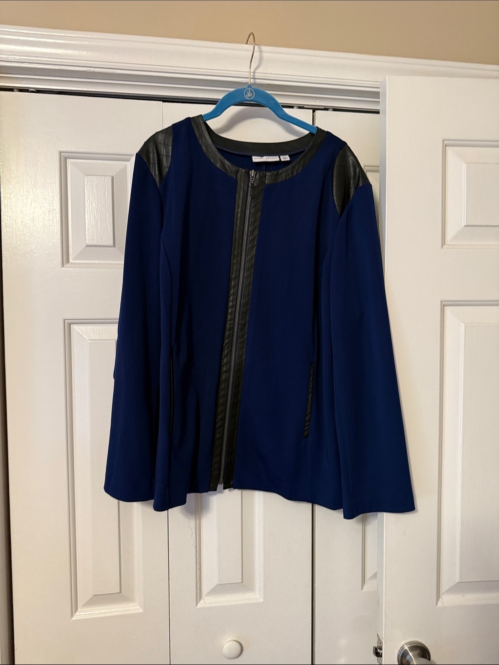 Susan Graver Royal Blue jacket with black leather accents